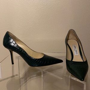 🎄XMAS GREEN Jimmy Choo GREEN CROC EMBOSSED LEATHER PUMPS size 38.5